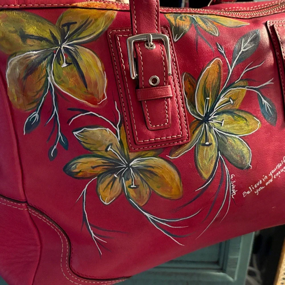 Coach Red Floral Leather Shoulder Bag Customized design by Artist Schatz. - Picture 8 of 9